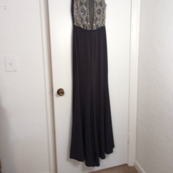 Ellie Wilde Mon Cheri Navy Beaded Accent Long Gown - Picture 6 of 14